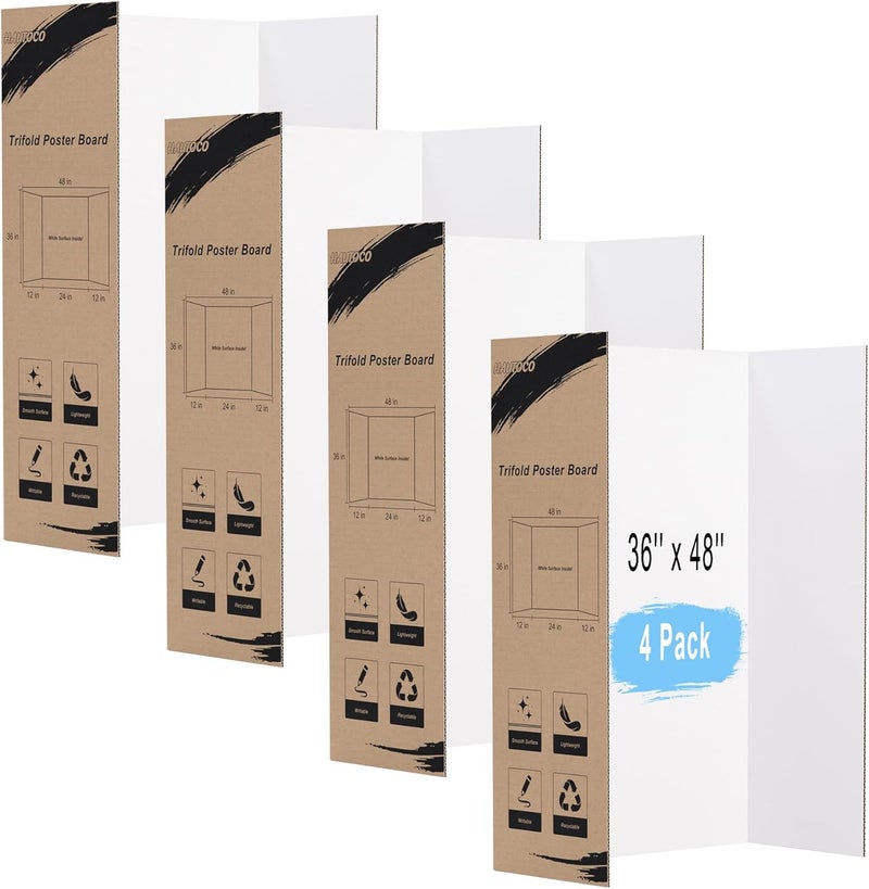 Hautoco 36'' x 48'' Trifold Poster Board 4 Pack Large Tri Fold Project Boards White Corrugated Presentation Cardboard for Science Fairs, School Projects, Event Displays, Business - Image 1